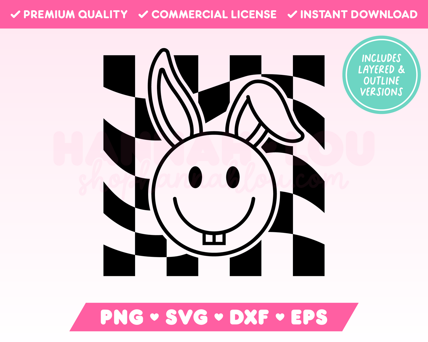 My trendy Checkered Happy Face Easter Bunny SVG is part of my Easter SVG Files for Cricut collection, and features an outline of a happy face Easter Bunny on a checkered background.