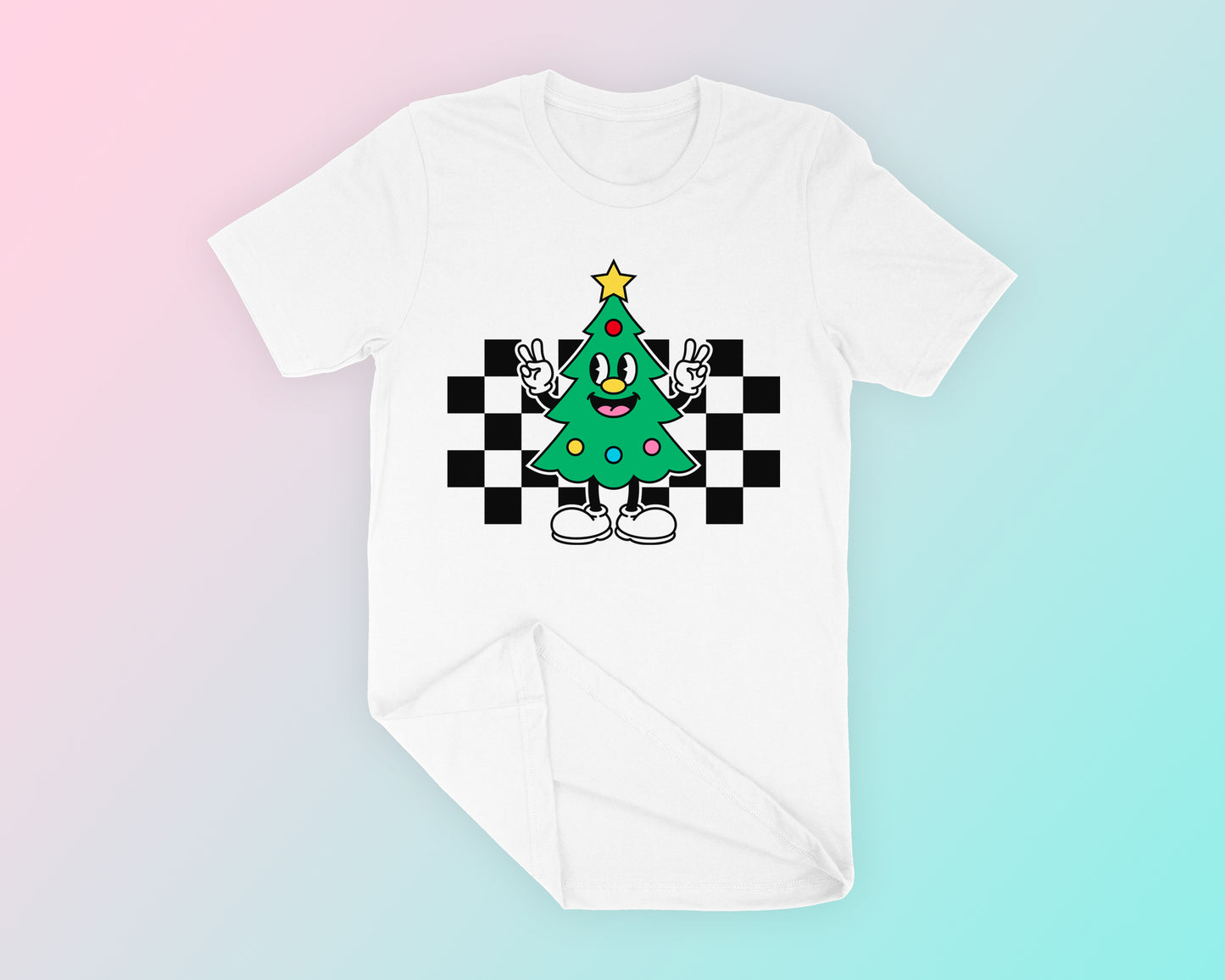 Checkered Retro Christmas Tree Mascot SVG T-Shirt Mockup
