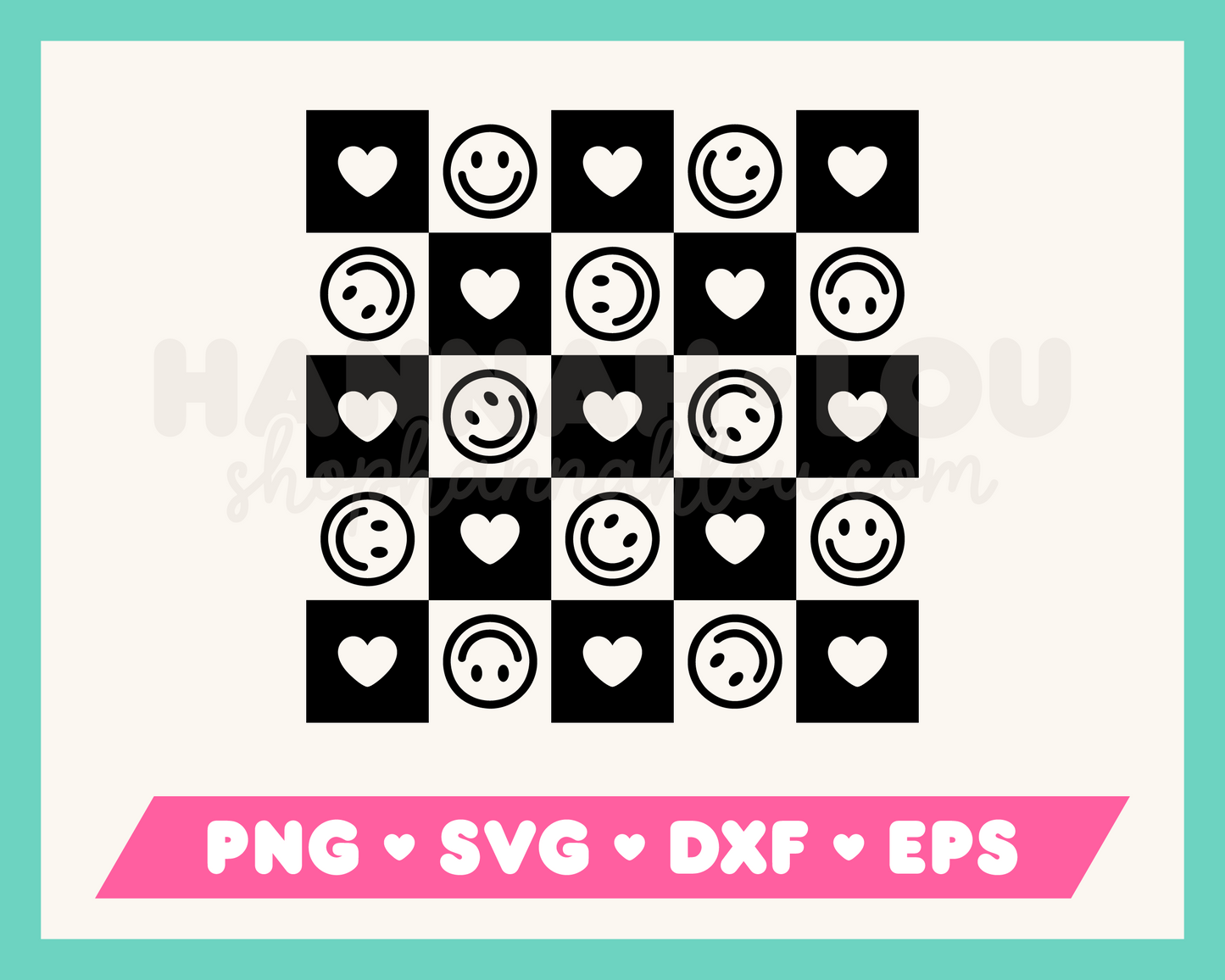 Checkered Heart Happy Face Pattern SVG
