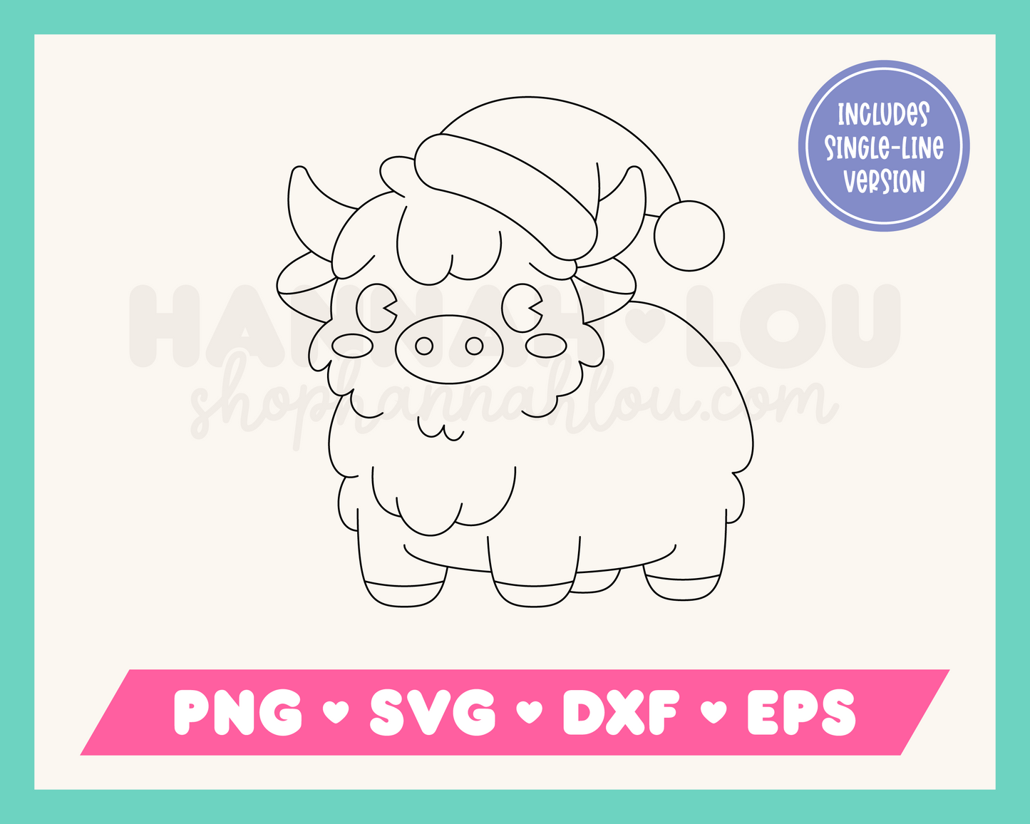 My cute Christmas Highland Cow SVG is part of my Christmas SVG files for Cricut collection, and features a single-line drawing of an adorable highland cow wearing a Santa hat.