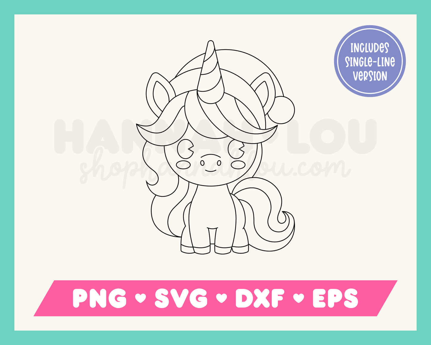 My cute Christmas Unicorn SVG is part of my Christmas SVG Files for Cricut collection, and features a single-line drawing of an adorable unicorn wearing a Santa hat.