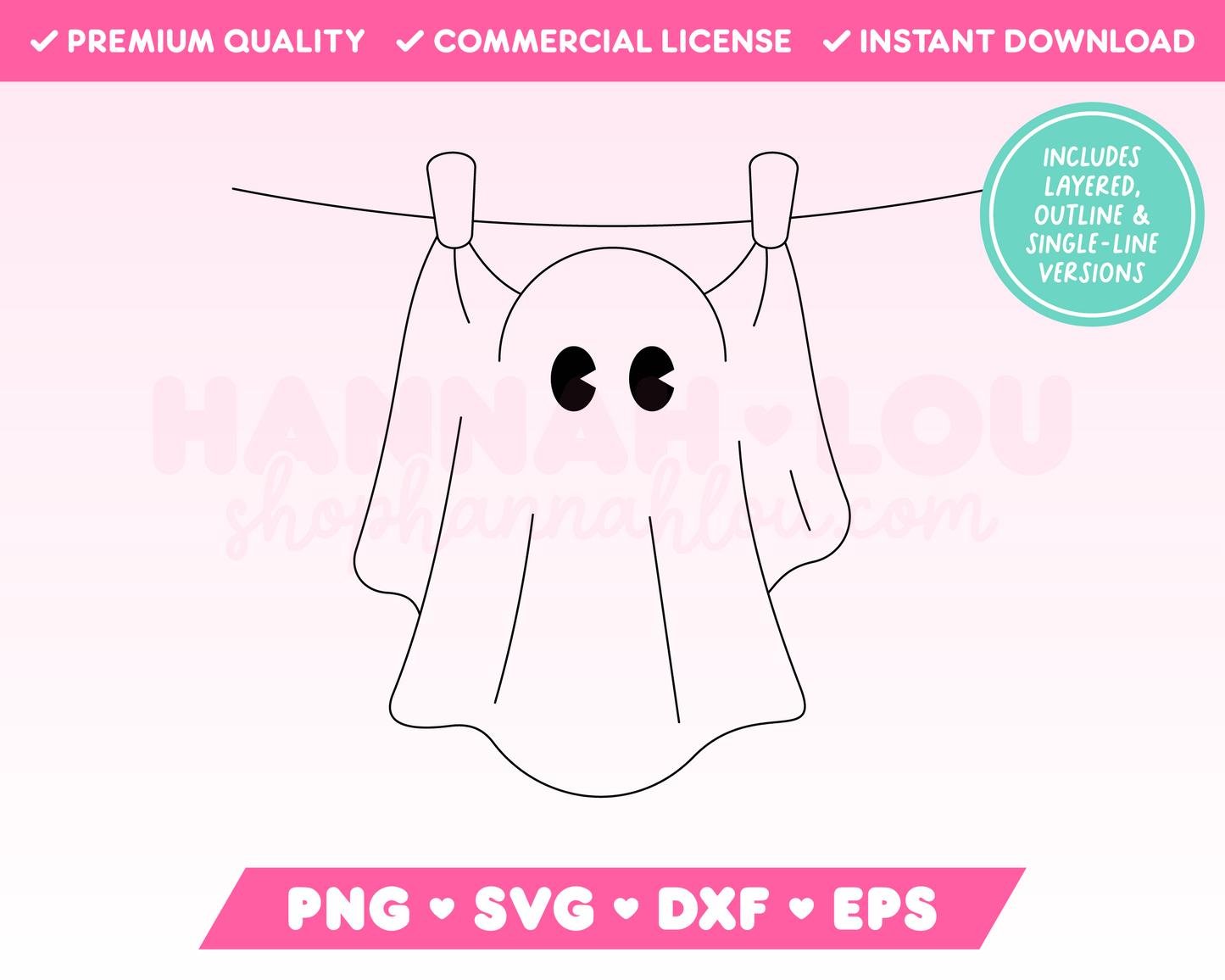 My cute Clothes Line Ghost SVG is part of my Halloween SVG Files for Cricut collection, and features a single-line drawing or sketch of an adorable ghost hanging on a clothes line.