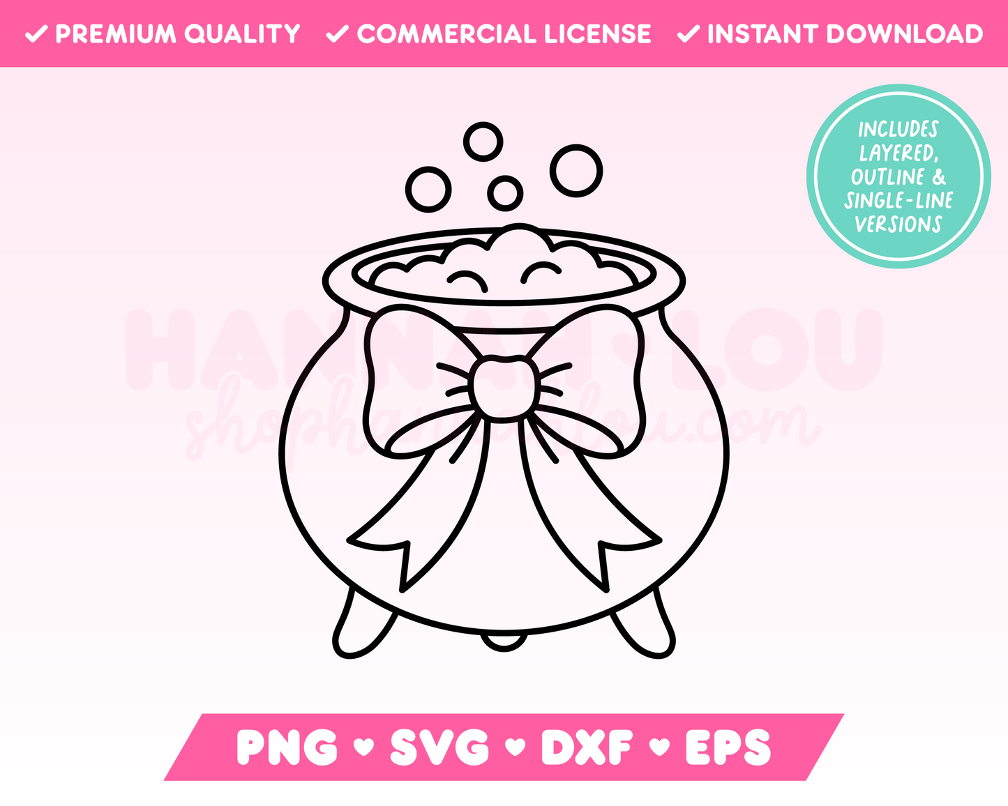 My trendy Coquette Cauldron SVG is part of my Halloween SVG Files for Cricut collection, and features an outline of a cute bubbling cauldron with a bow on it.