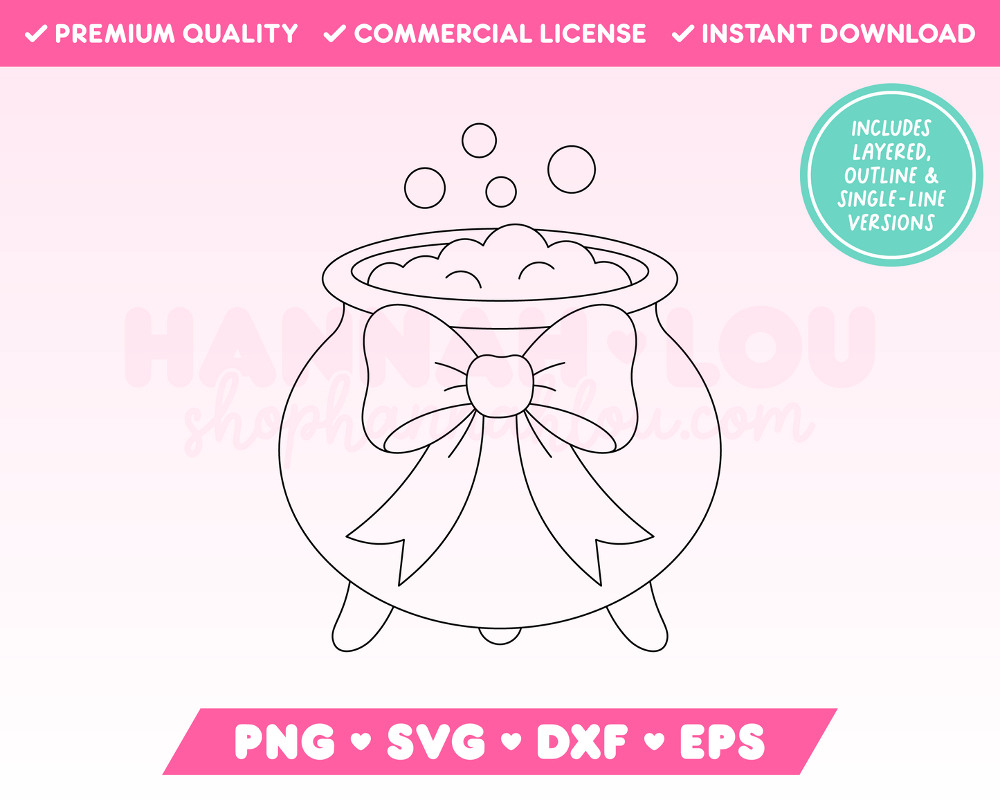 My trendy Coquette Cauldron SVG is part of my Halloween SVG Files for Cricut collection, and features a single-line drawing or sketch of a cute bubbling cauldron with a bow on it.