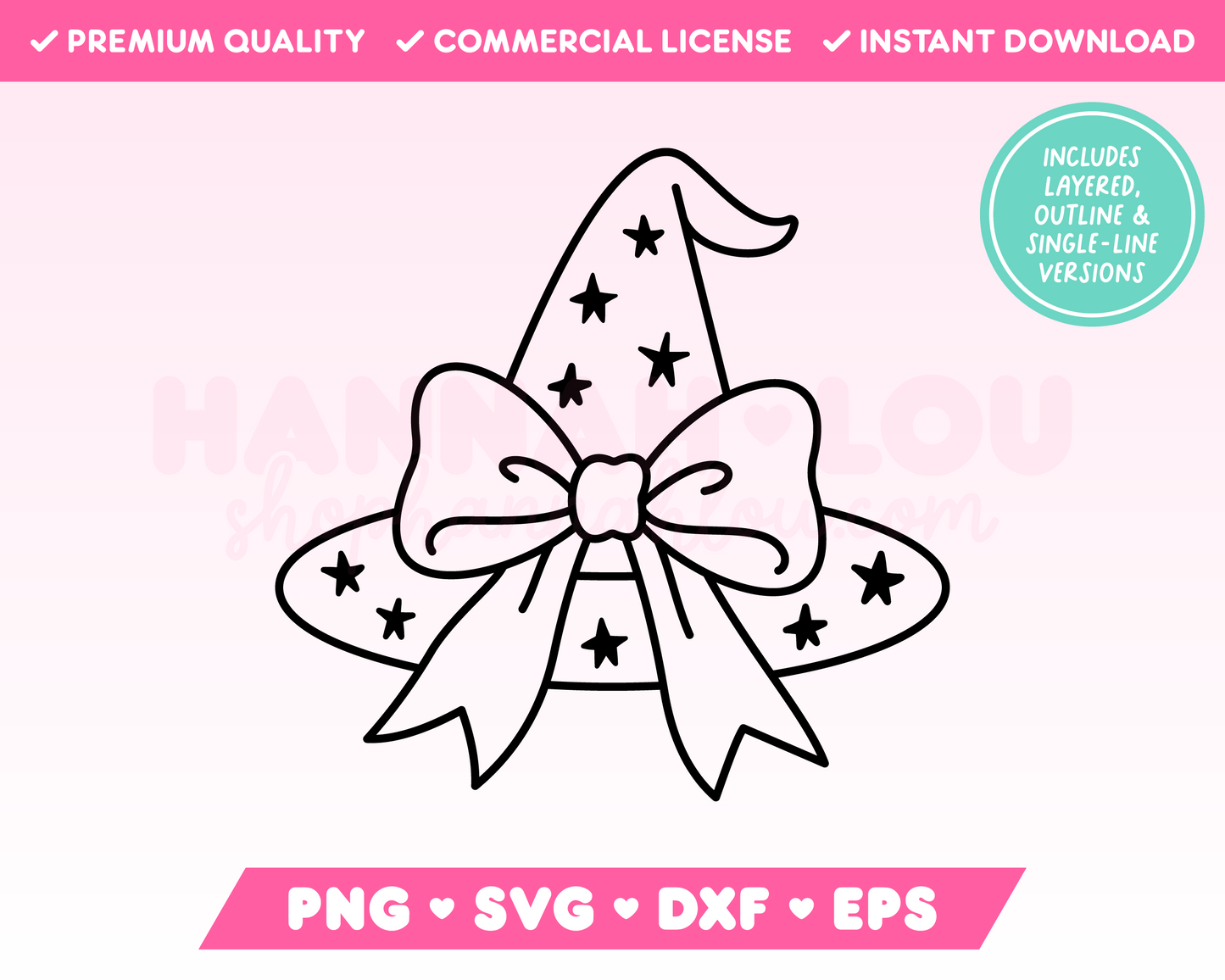 My trendy Coquette Witch Hat SVG is part of my Halloween SVG Files for Cricut collection, and features an outline of a cute witch hat covered in stars with an oversized bow on it.