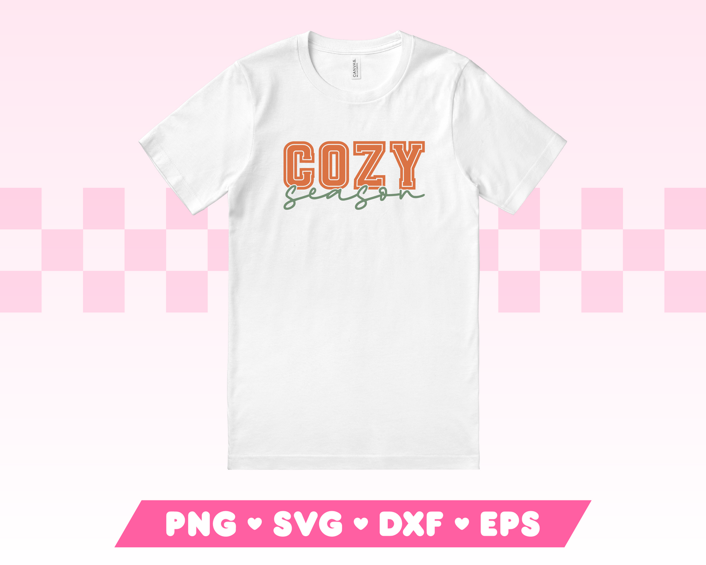 My autumnal Cozy Season SVG is part of my Fall SVG Files for Cricut collection, and features a shirt with the word Cozy in a college varsity font on it and Season underneath in cursive.