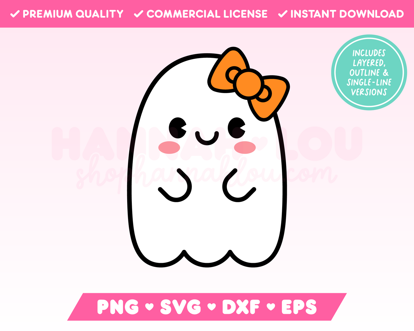 My not-so-spooky Cute Ghost with Bow SVG is part of my Halloween SVG Files for Cricut collection, and features a kawaii-style ghost with rosy cheeks wearing a bow.