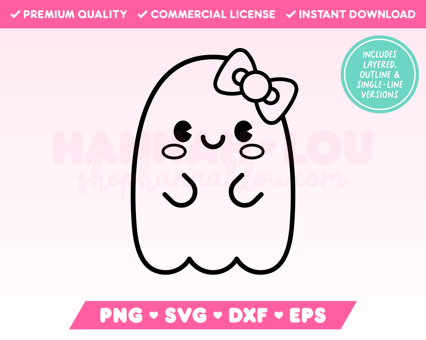 My not-so-spooky Cute Ghost with Bow SVG is part of my Halloween SVG Files for Cricut collection, and features an outline of a kawaii-style ghost with rosy cheeks wearing a bow.