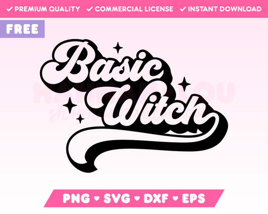 My free Basic Witch SVG is part of my Free Halloween SVG Files for Cricut collection, and features the words Basic Witch in a retro-style font and surrounded by sparkles.
