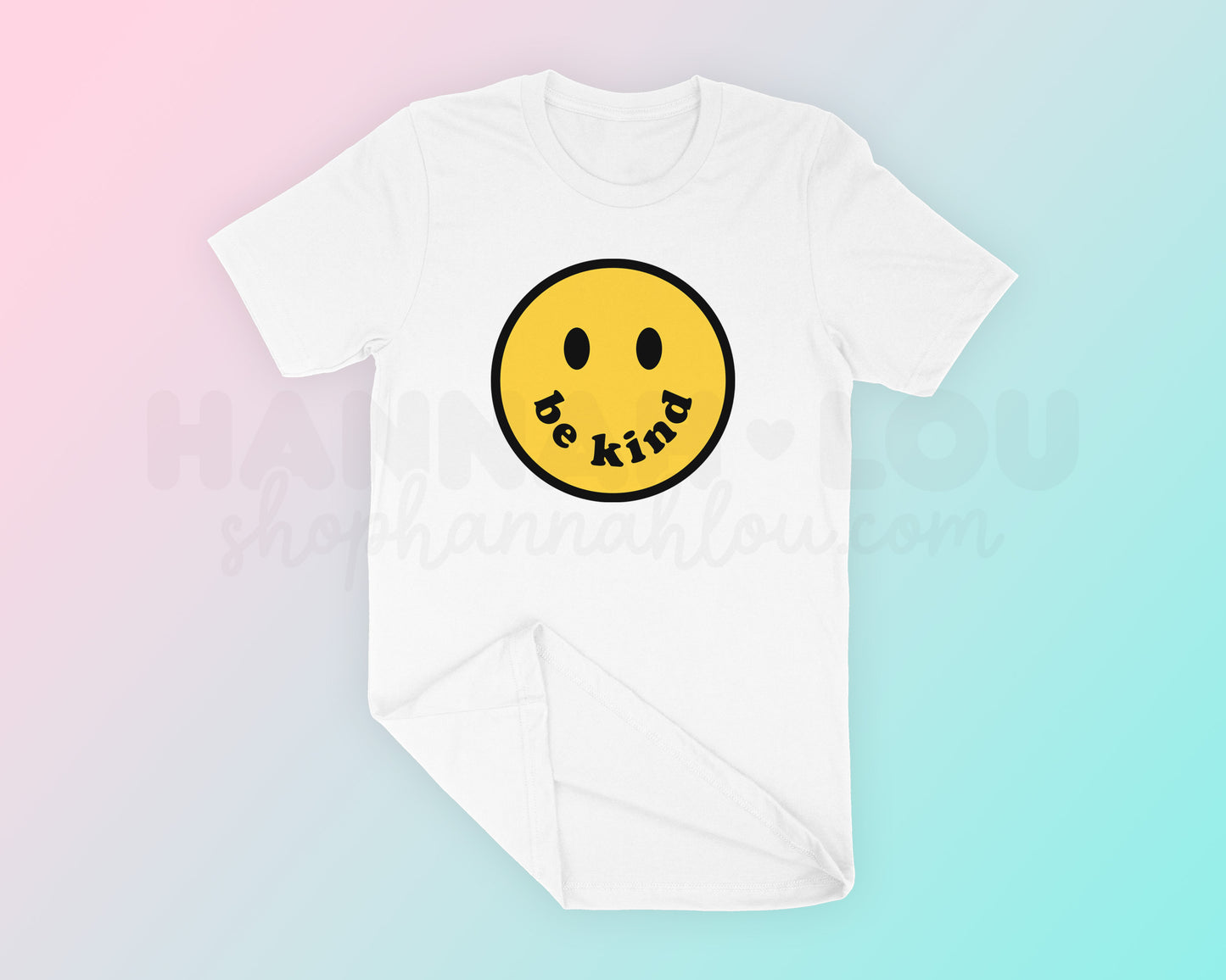 My free Be Kind SVG is part of my free Kindness SVG Files for Cricut collection, and features a yellow happy face with the words 'Be Kind' where its mouth should be, on a t-shirt.
