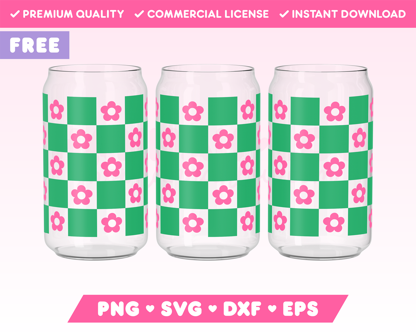 Free Checkered Flower 16oz Can Glass Wrap SVG • Free Can Glass Wrap SVG Files for Cricut • Free Can Glass Wrap Sublimation Designs