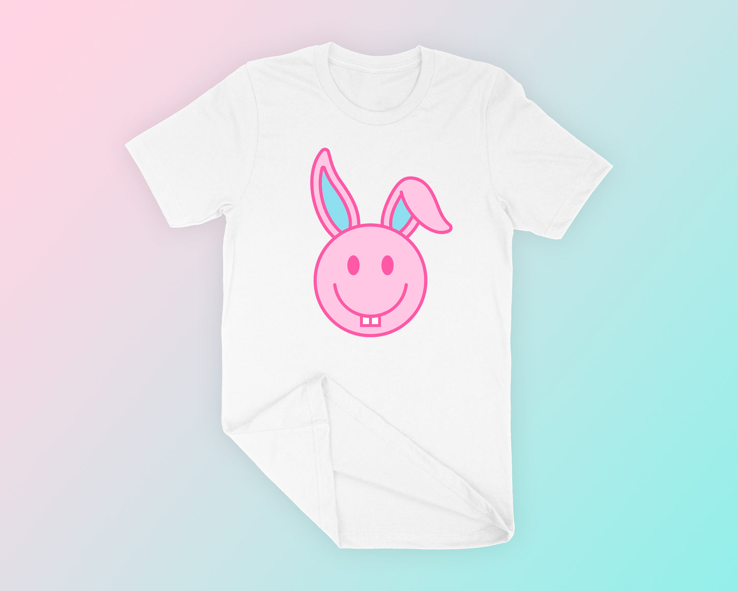 My free Happy Face Easter Bunny SVG is part of my free Easter SVG files for Cricut collection, and features a t-shirt mockup of a trendy happy face-style Easter bunny with goofy teeth and floppy ears.