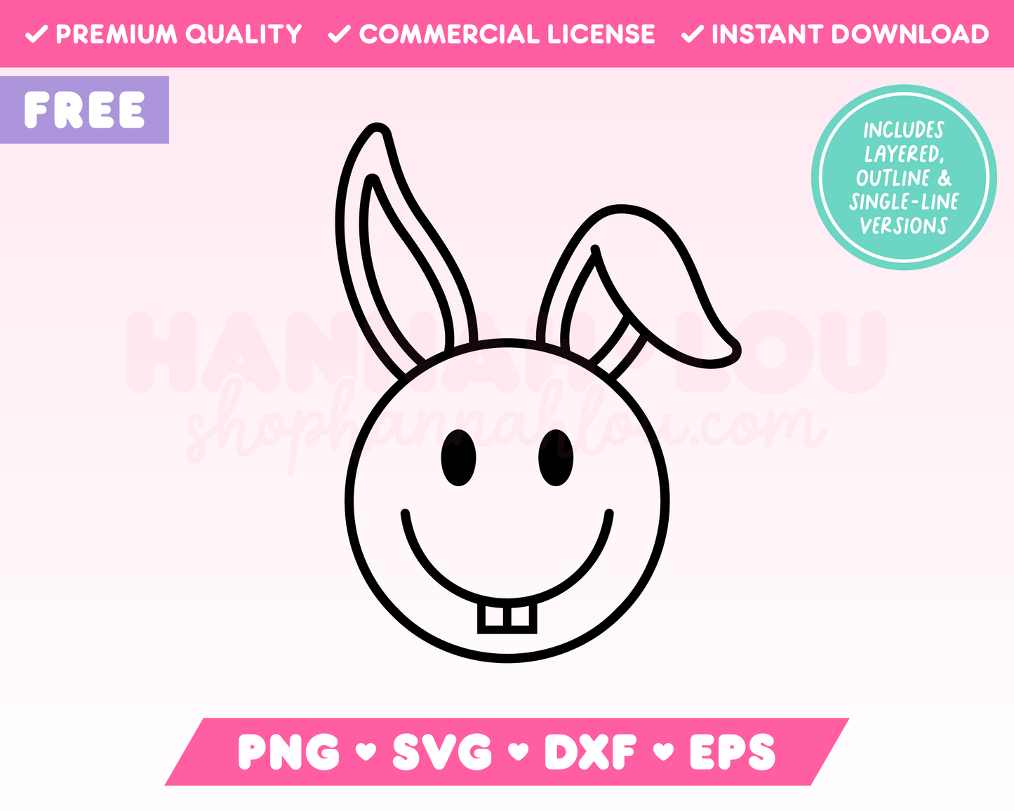 My free Happy Face Easter Bunny SVG is part of my Free Easter SVG Files for Cricut collection, and features an outline of a trendy happy face-style Easter bunny with goofy teeth and floppy ears.