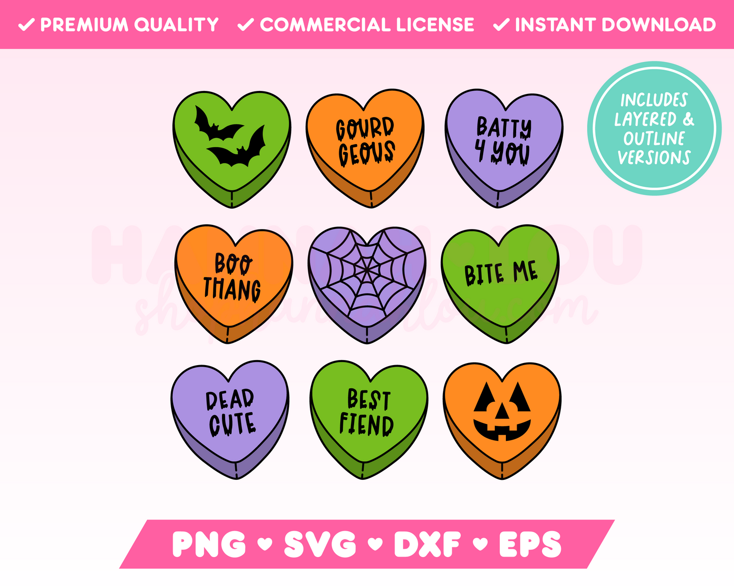 My trendy Halloween Candy Hearts SVG is part of my Halloween SVG Files for Cricut collection, and features nine Halloween-themed candy hearts with phrases on them.