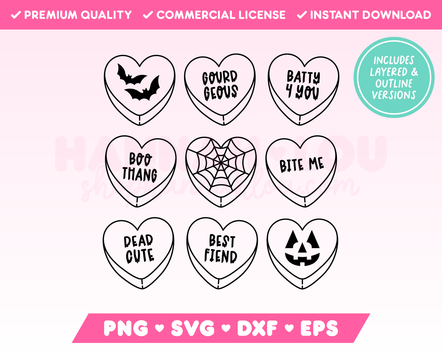 My trendy Halloween Candy Hearts SVG is part of my Halloween SVG Files for Cricut collection, and features an outline of nine Halloween-themed candy hearts with phrases on them.