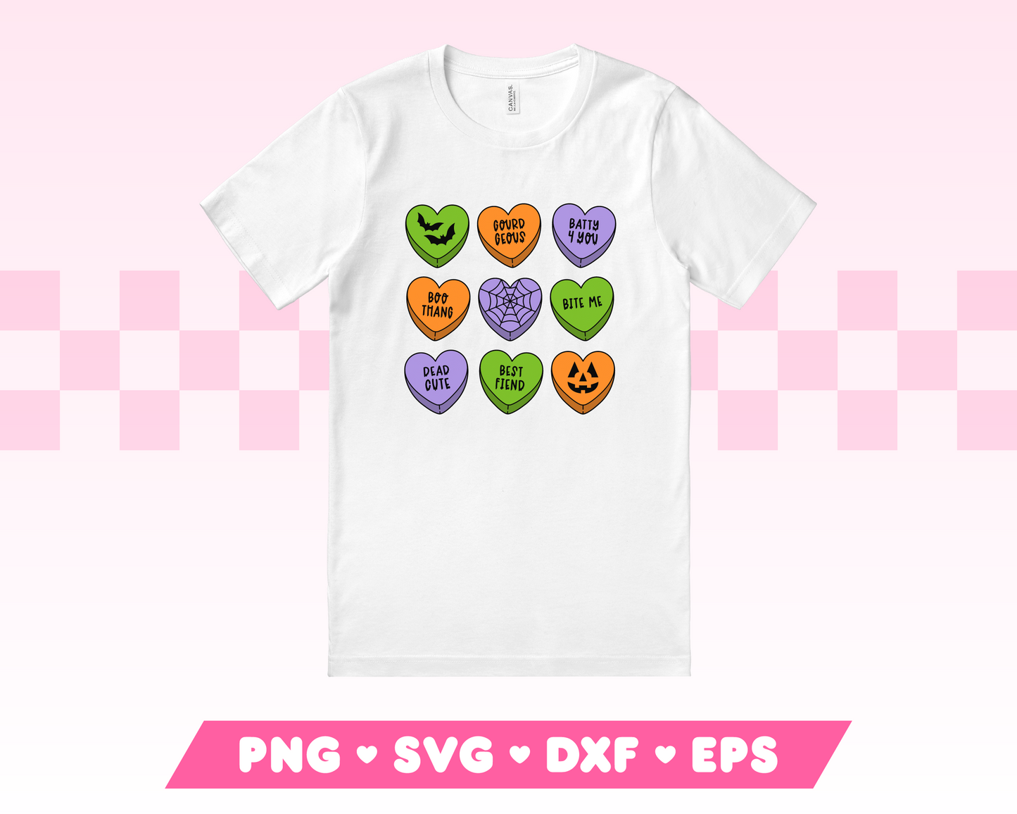 My trendy Halloween Candy Hearts SVG is part of my Halloween SVG Files for Cricut collection, and features a shirt with nine Halloween-themed candy hearts with phrases on them.