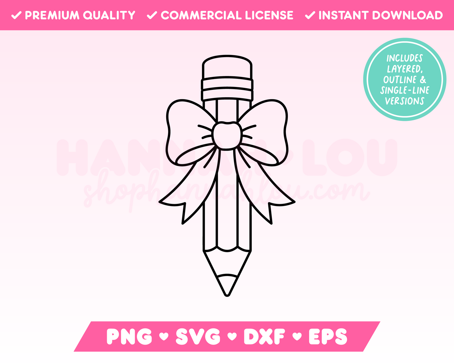 My trendy Pencil with Coquette Bow SVG is part of my Teacher SVG Files for Cricut collection, and features an outline of a pencil wrapped in an oversized bow.