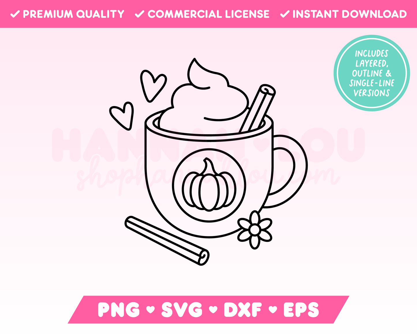 My autumnal Pumpkin Spice Latte SVG is part of my Fall SVG Files for Cricut collection, and features an outline of a cute mug filled with pumpkin spice latte complete with two cinnamon sticks.