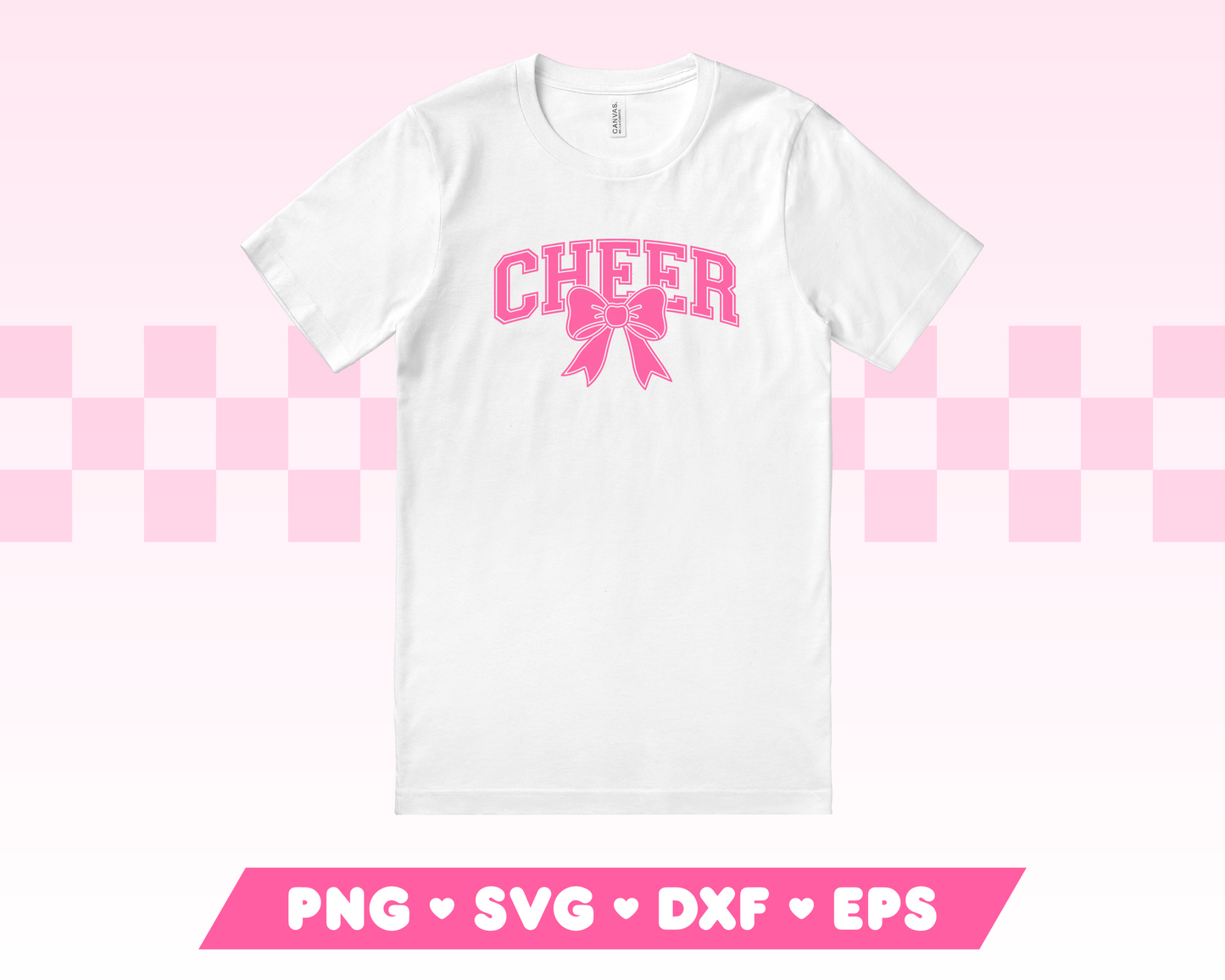 My trendy Varsity Cheer with Coquette Bow SVG is part of my Cheerleading SVG Files for Cricut collection, and features a shirt with the word Cheer in a varsity-style font with a coquette bow on it.