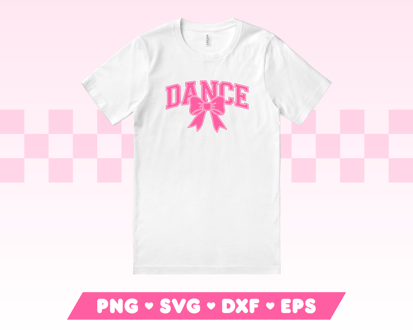 My trendy Varsity Dance with Coquette Bow SVG is part of my Dance SVG Files for Cricut collection, and features a shirt with the word Dance in a varsity-style font with a coquette bow on it.
