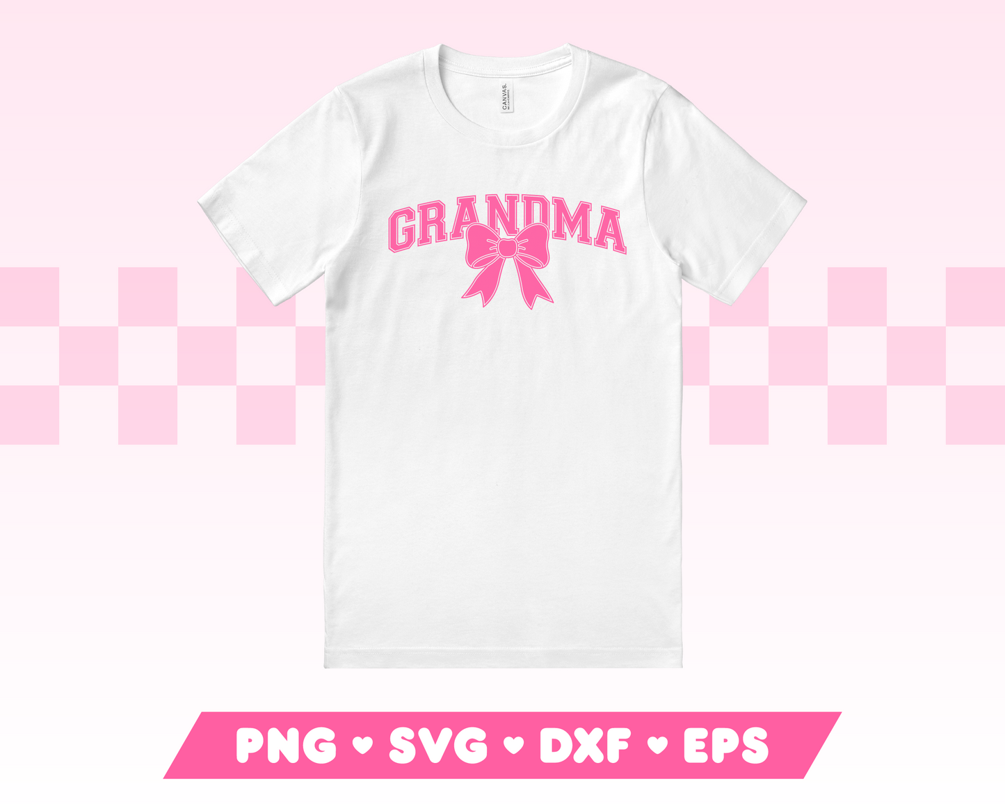 My trendy Varsity Grandma with Coquette Bow SVG is part of my Grandma SVG Files for Cricut collection, and features a shirt with the word Grandma in a varsity-style font with a coquette bow on it.