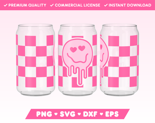 Checkered Heart Eyes Melting Face 16oz Can Glass Wrap SVG