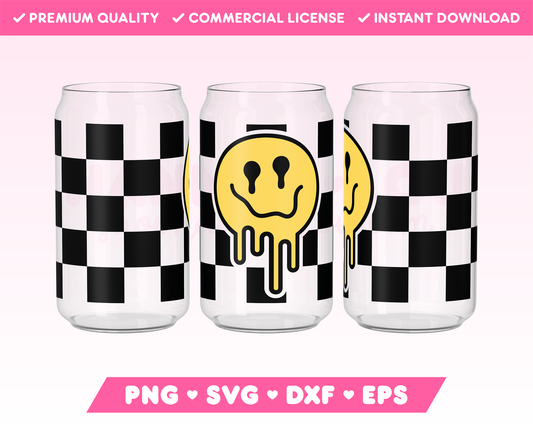 Checkered Melting Face 16oz Can Glass Wrap SVG • Can Glass Wrap SVG Files for Cricut • Can Glass Wrap Sublimation Designs