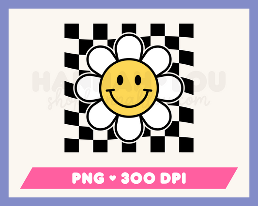 My Checkered Retro Daisy PNG is part of my Hippie Sublimation Designs collection, and features a retro daisy flower with a happy face and checkered background.