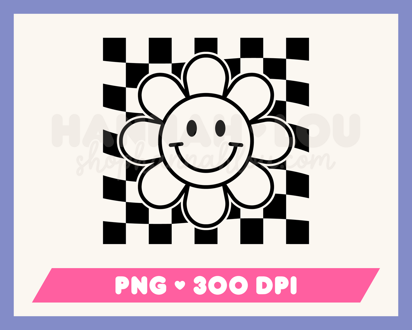 My Checkered Retro Daisy PNG is part of my Hippie Sublimation Designs collection, and features an outline of a retro daisy flower with a happy face and checkered background.