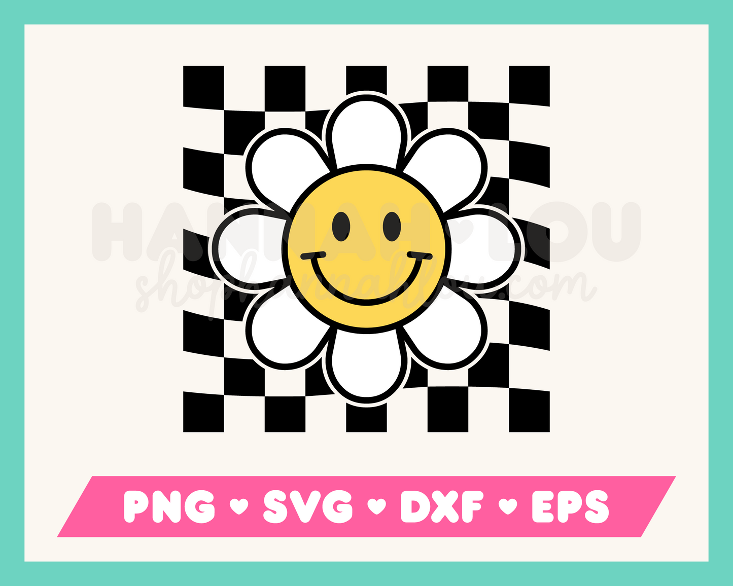 My Checkered Retro Daisy SVG is part of my Hippie SVG Files for Cricut collection, and features a retro daisy flower with a happy face and checkered background.