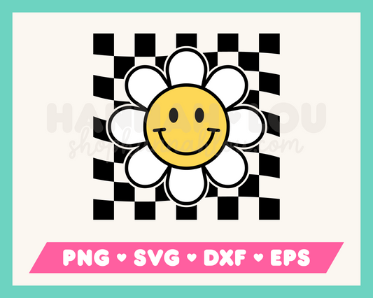 My Checkered Retro Daisy SVG is part of my Hippie SVG Files for Cricut collection, and features a retro daisy flower with a happy face and checkered background.