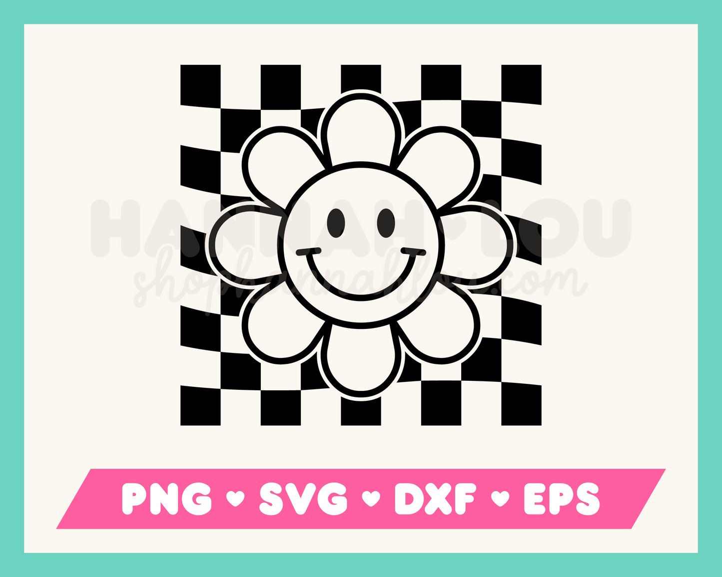 My Checkered Retro Daisy SVG is part of my Hippie SVG Files for Cricut collection, and features an outline of a retro daisy flower with a happy face and checkered background.