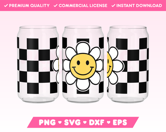Checkered Retro Flower 16oz Can Glass Wrap SVG • Can Glass Wrap SVG Files for Cricut • Can Glass Wrap Sublimation Designs