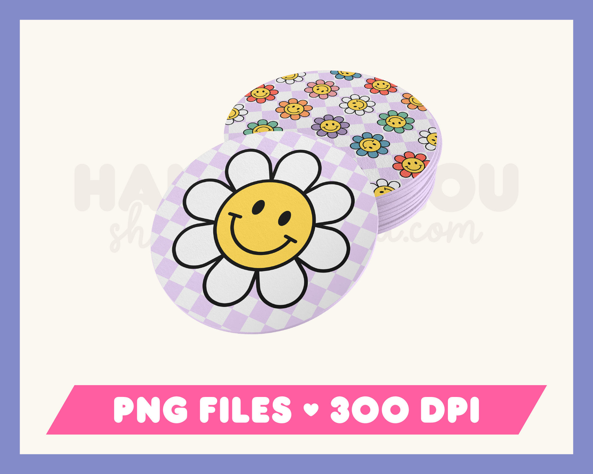 My Checkered Retro Flower Car Coaster PNG set is part of my car coaster PNG sublimation designs collection, and features a retro flower pattern with a checkered background.