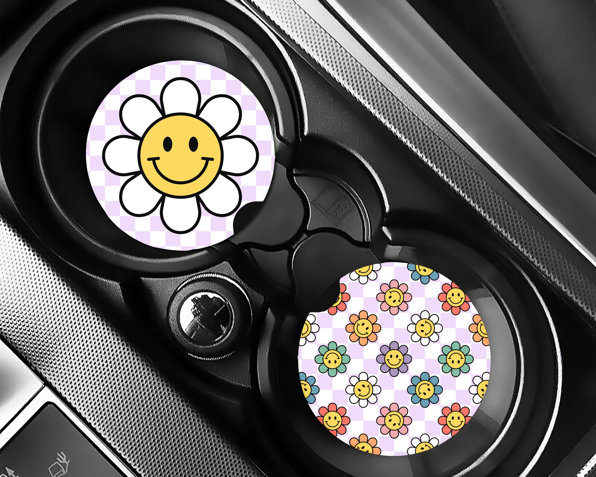 My Checkered Retro Flower Car Coaster PNG set is part of my car coaster PNG sublimation designs collection, and features a retro flower pattern with a checkered background.