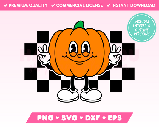 Checkered Retro Pumpkin Mascot SVG • Fall SVG Files for Cricut · Fall Sublimation Designs