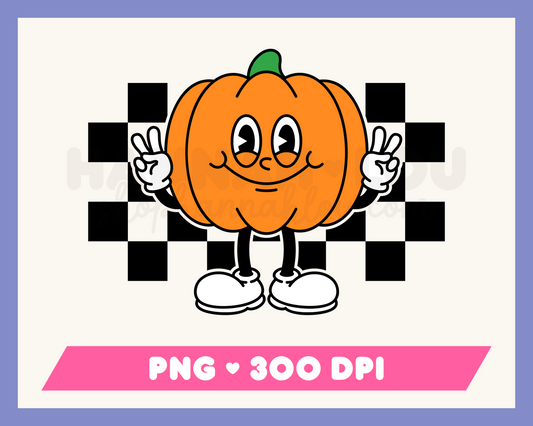 My cartoon mascot-style Checkered Retro Pumpkin PNG is part of my Fall Sublimation Designs collection, and features a rubberhose pumpkin mascot giving the peace sign against a checkered background.