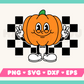 My cartoon mascot-style Checkered Retro Pumpkin SVG is part of my Fall SVG Files for Cricut collection, and features a rubberhose pumpkin mascot giving the peace sign against a checkered background.