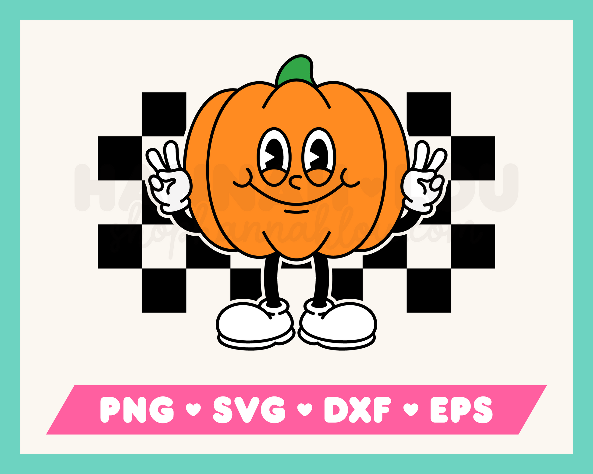 My cartoon mascot-style Checkered Retro Pumpkin SVG is part of my Fall SVG Files for Cricut collection, and features a rubberhose pumpkin mascot giving the peace sign against a checkered background.