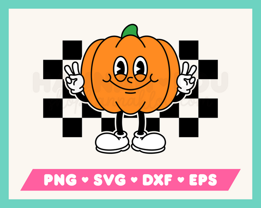 My cartoon mascot-style Checkered Retro Pumpkin SVG is part of my Fall SVG Files for Cricut collection, and features a rubberhose pumpkin mascot giving the peace sign against a checkered background.