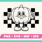 My cartoon mascot-style Checkered Retro Pumpkin SVG is part of my Fall SVG Files for Cricut collection, and features an outline of a rubberhose pumpkin mascot giving the peace sign against a checkered background.