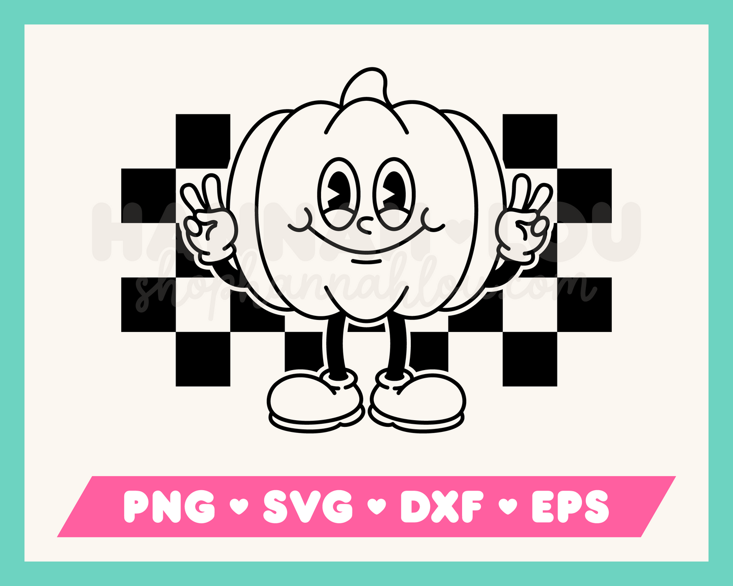 My cartoon mascot-style Checkered Retro Pumpkin SVG is part of my Fall SVG Files for Cricut collection, and features an outline of a rubberhose pumpkin mascot giving the peace sign against a checkered background.