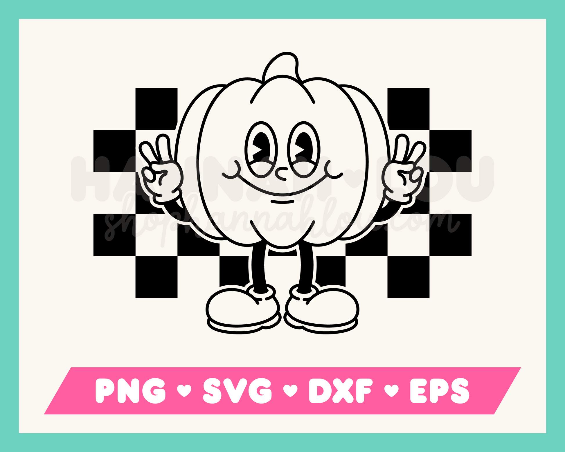 My cartoon mascot-style Checkered Retro Pumpkin SVG is part of my Fall SVG Files for Cricut collection, and features an outline of a rubberhose pumpkin mascot giving the peace sign against a checkered background.