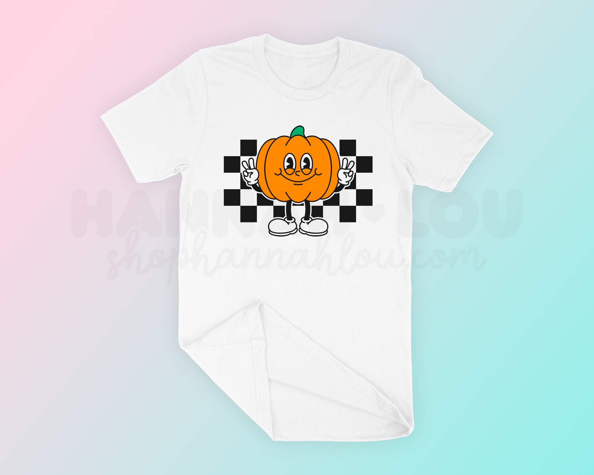 My cartoon mascot-style Checkered Retro Pumpkin SVG is part of my Fall SVG Files for Cricut collection, and features a rubberhose pumpkin mascot giving the peace sign against a checkered background.