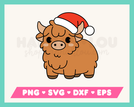 My cute Christmas Highland Cow SVG is part of my Christmas SVG files for Cricut collection, and features an adorable highland cow wearing a Santa hat.