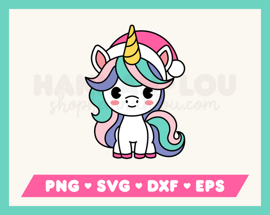 My cute Christmas Unicorn SVG is part of my Christmas SVG Files for Cricut collection, and features an adorable unicorn wearing a Santa hat.