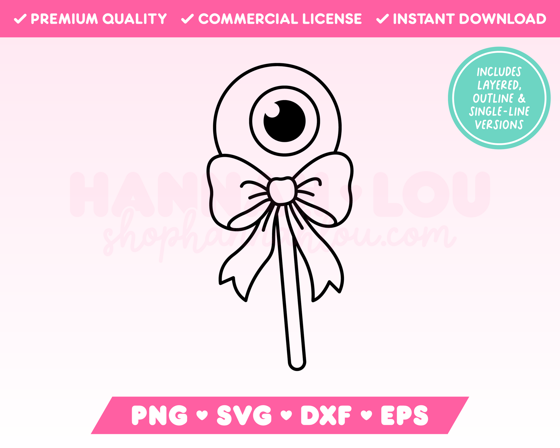 My creepy Coquette Eyeball SVG is part of my Halloween SVG Files for Cricut collection, and features an outline of an eyeball on a stick that's tied with an oversized bow.