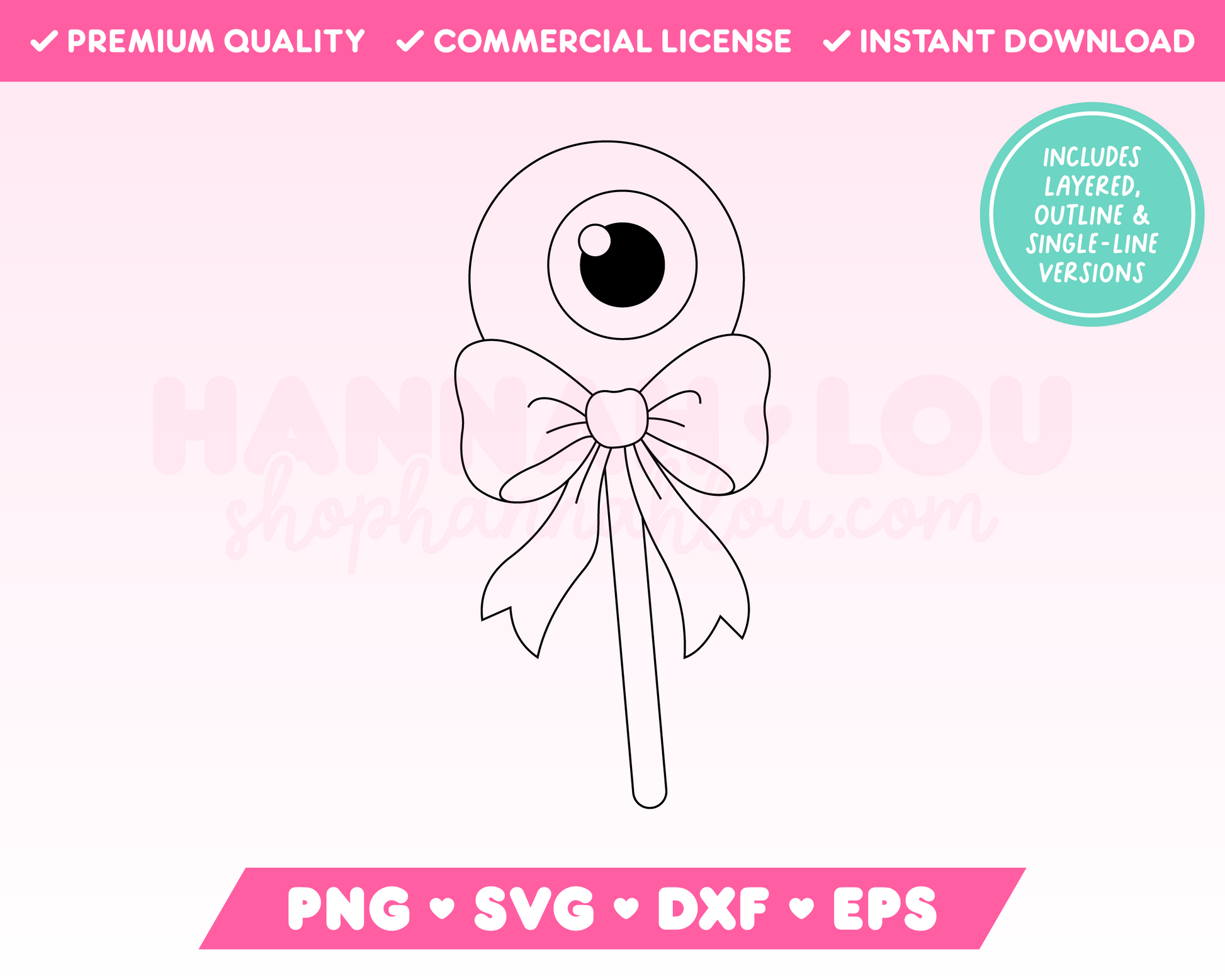 My creepy Coquette Eyeball SVG is part of my Halloween SVG Files for Cricut collection, and features a single-line drawing or sketch of an eyeball on a stick that's tied with an oversized bow.