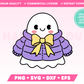My adorable Coquette Puffer Jacket Ghost SVG is part of my Halloween SVG Files for Cricut collection, and features a cute ghost wearing a coat with a coquette bow.