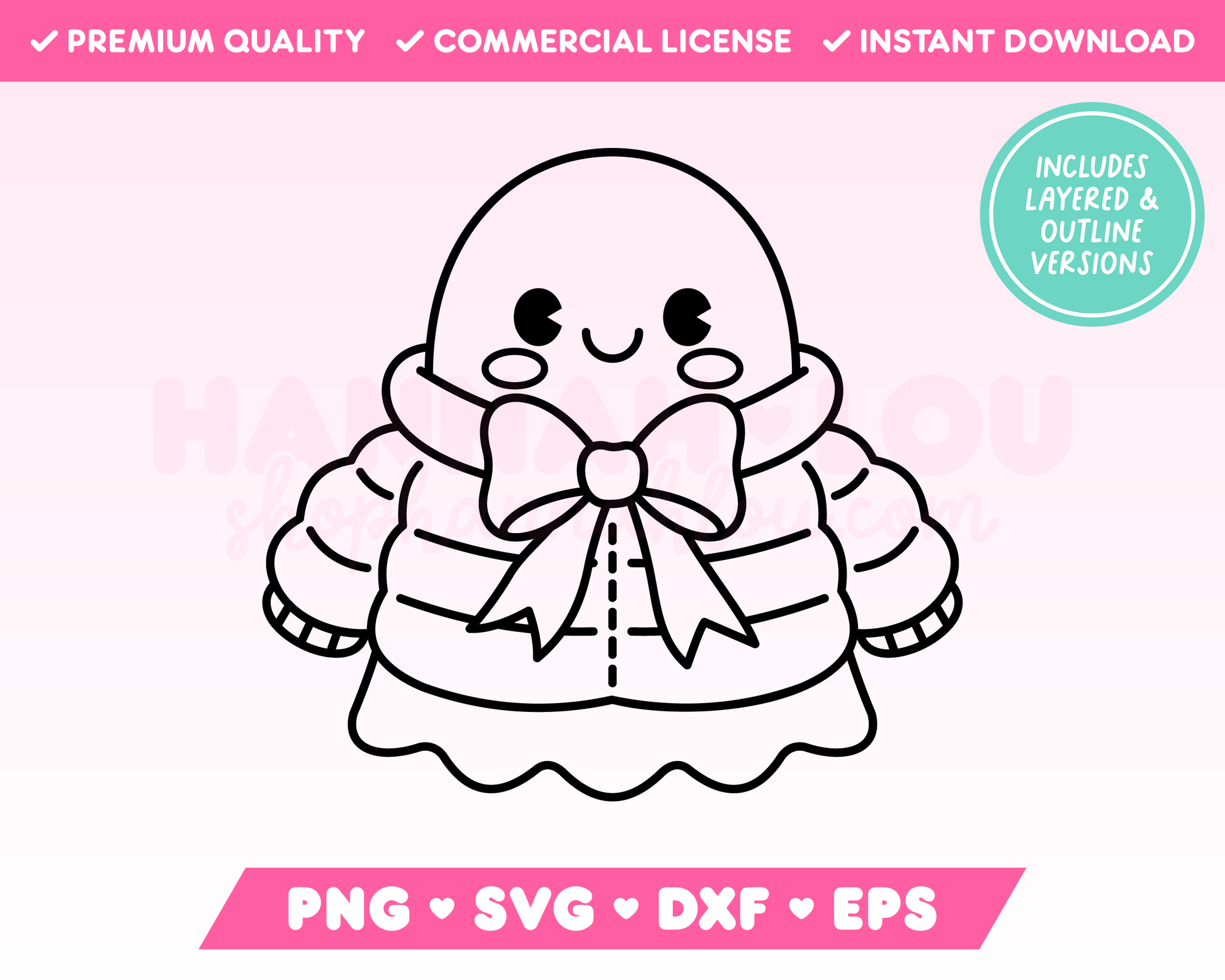 My adorable Coquette Puffer Jacket Ghost SVG is part of my Halloween SVG Files for Cricut collection, and features an outline of a cute ghost wearing a coat with a coquette bow.